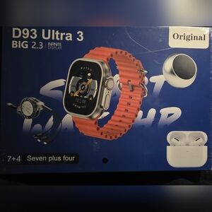 Brand New D93 Ultra 3 Smart Watch with Orange Band,7 Bands, Earpods & Charger